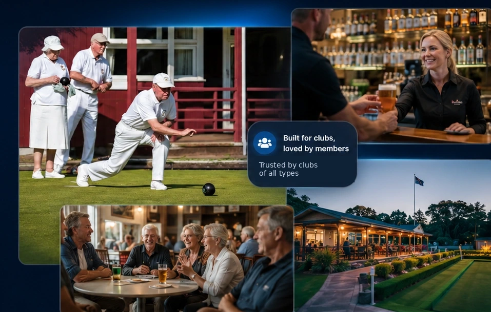 Club life including lawn bowls, bar service, members socialising and a community clubhouse