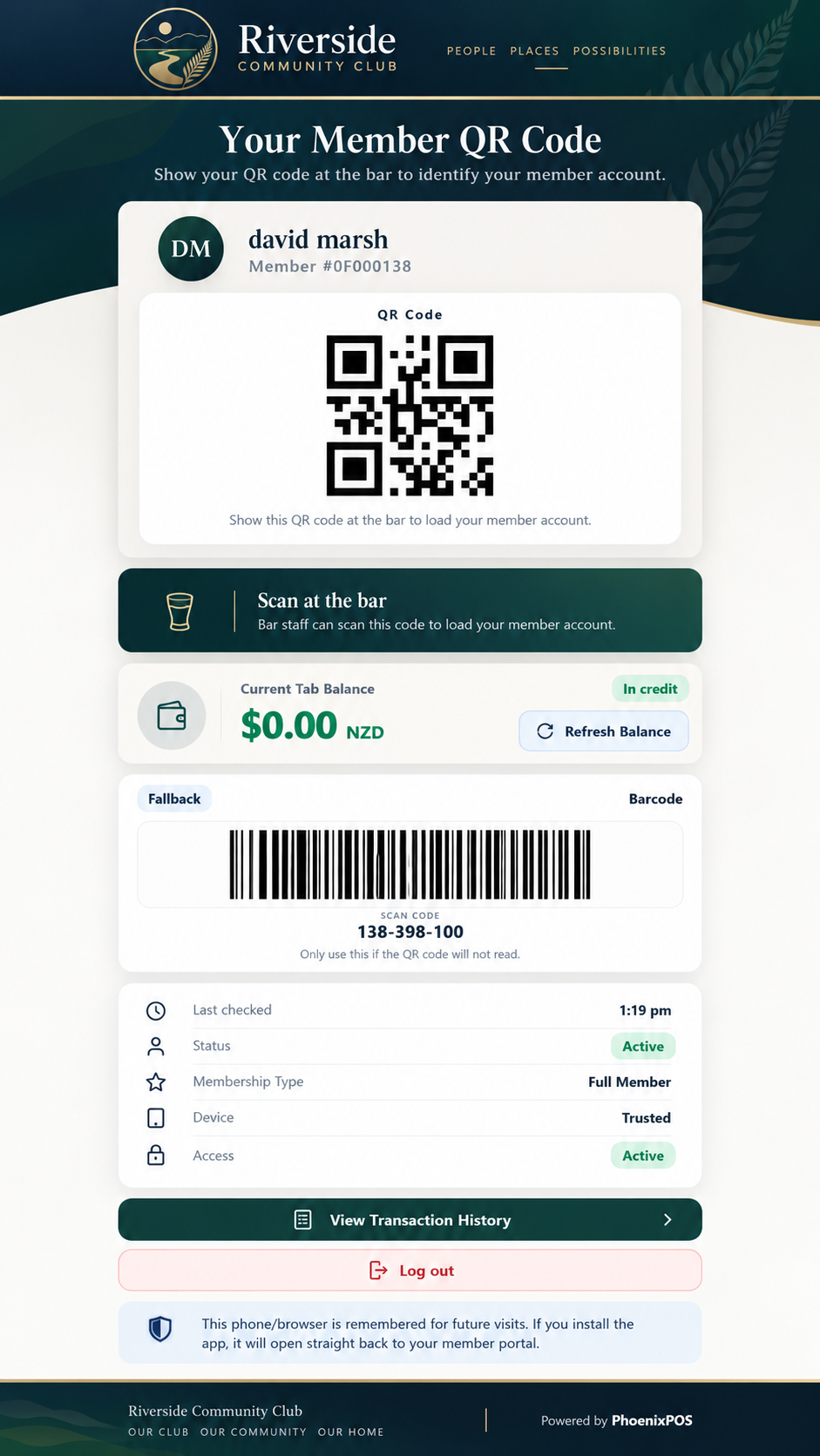 PhoenixPOS Club Member App showing a member QR code, account balance, transaction history and club branding
