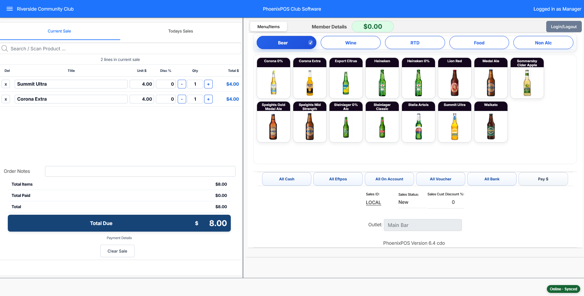 PhoenixPOS Club Software main point of sale screen showing bar products, current sale, member details and payment options